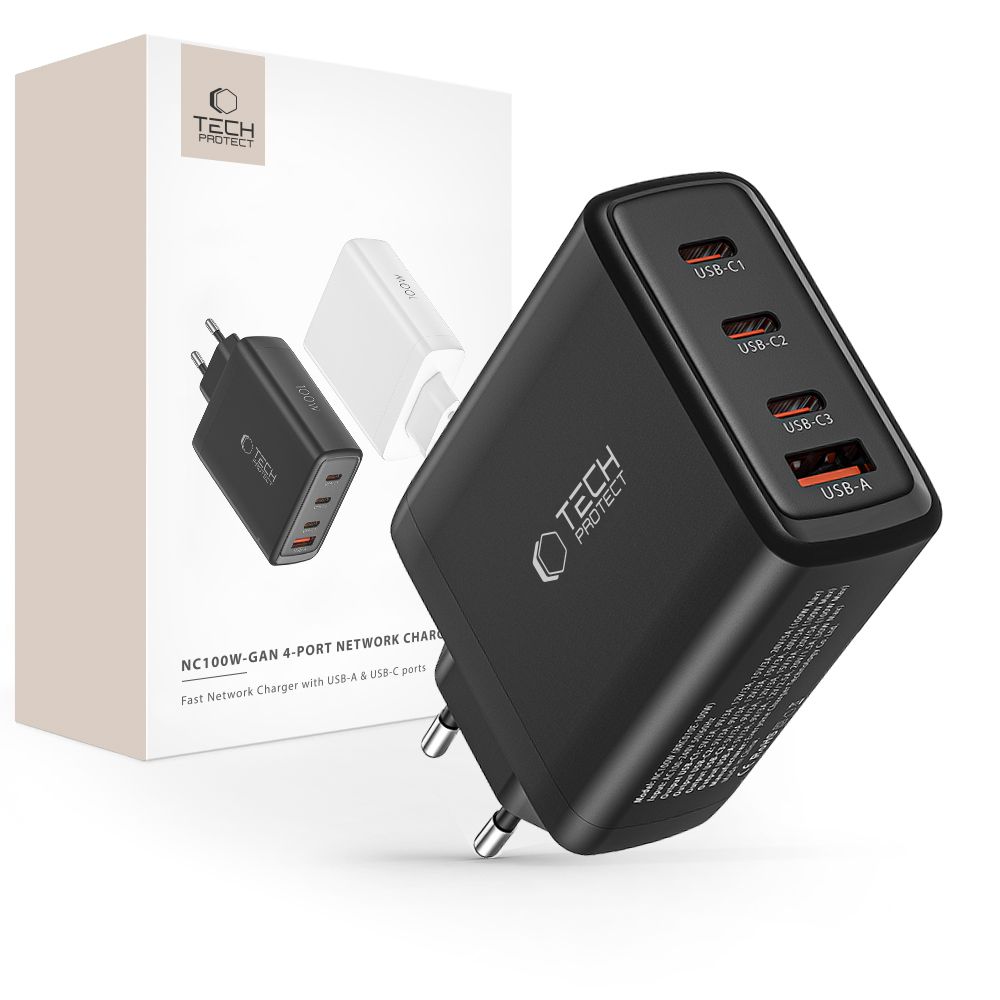 E-shop TECH-PROTECT NC100W-GAN 4-PORT Sieťová nabíjačka PD100W čierna
