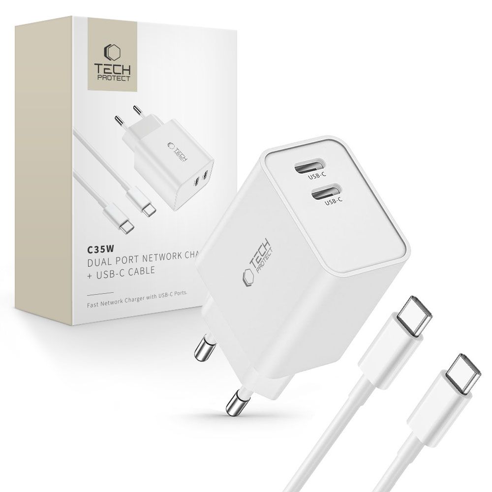E-shop TECH-PROTECT C35W 2-PORT Sieťová nabíjačka + kábel USB Typ-C WHITE