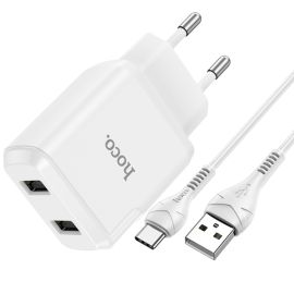 HOCO N7 10W Sieťová nabíjačka 2x USB + USB Typ-C kábel biela