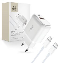 kábel, sieťová nabíjačka Sieťové nabíjačky - TECH-PROTECT C20W 2-PORT Sieťová nabíjačka + kábel USB Typ-C WHITE
