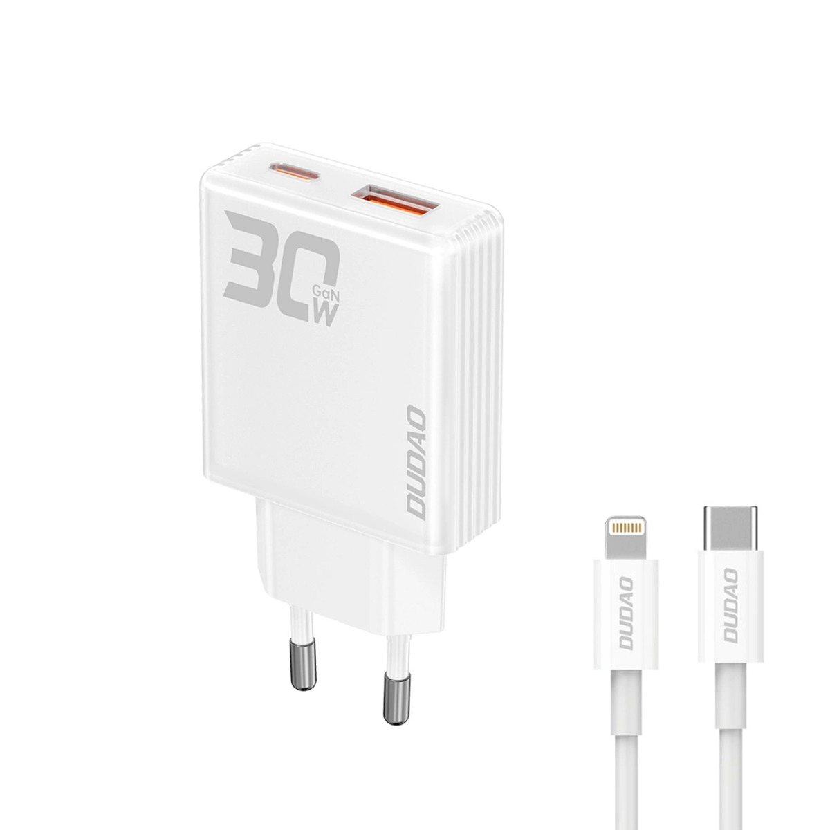 E-shop DUDAO A30EUL 30W GaN Sieťová nabíjačka USB / USB-C + Lightning kábel biela