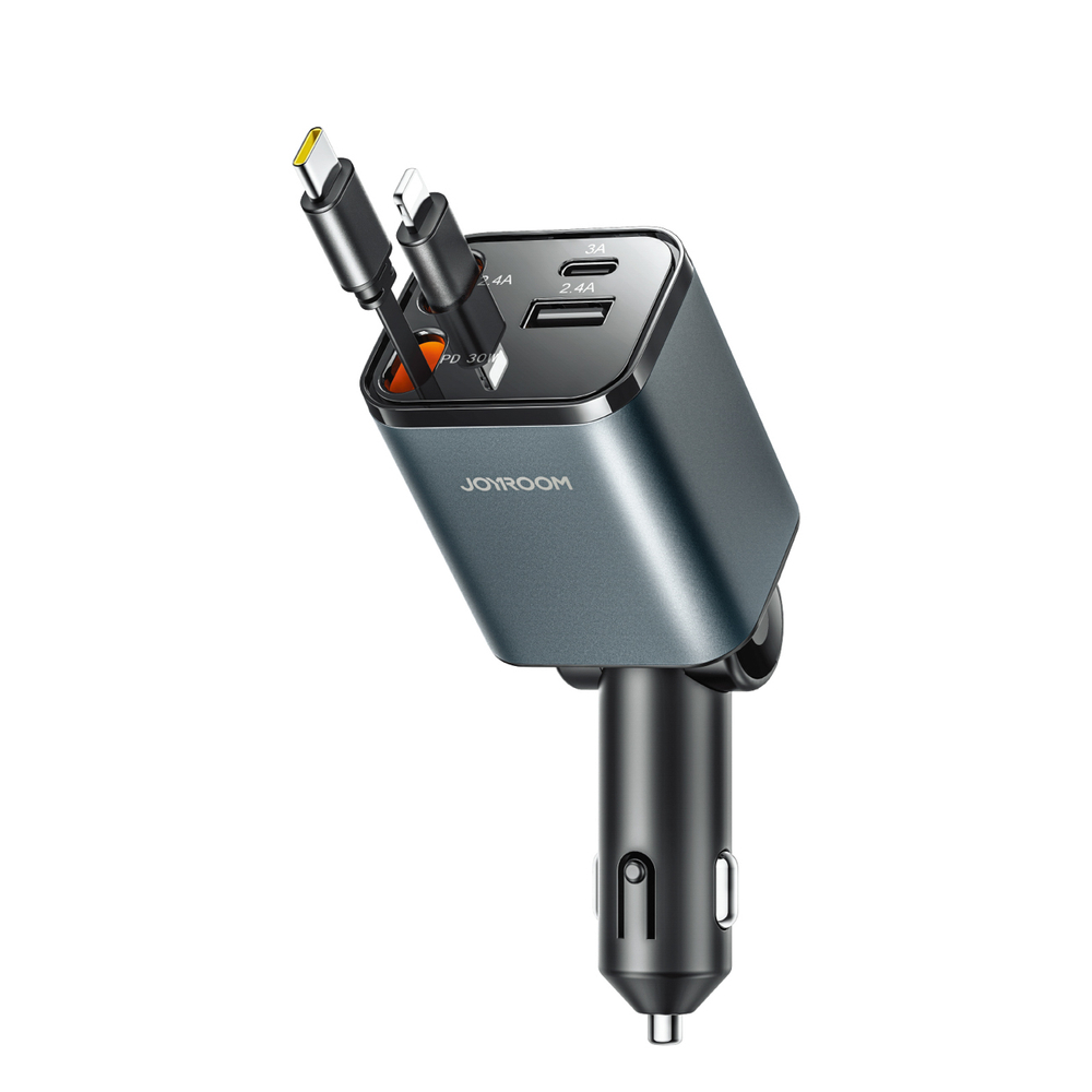 E-shop JOYROOM JR-CCL05 30W 4in1 Nabíjačka do auta so zabudovanými káblami USB-C / Lightning tmavošedá